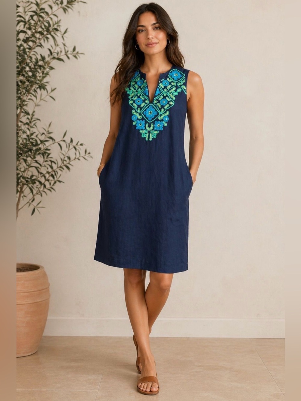 J. Crew Embroidered Navy Cotton Shift Dress, size XS